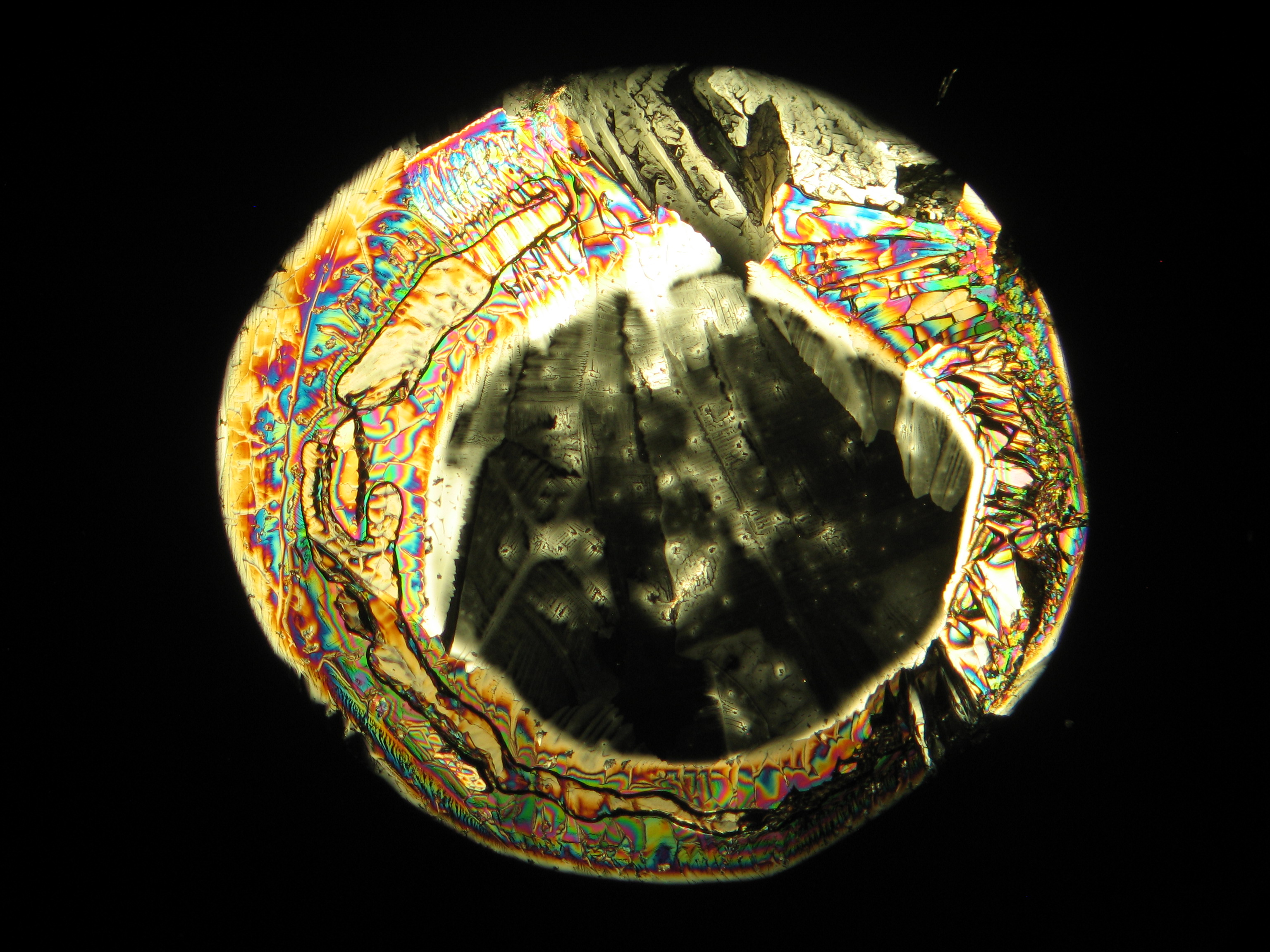 Abbildung 25:Kristallisierter Lösungstropfen von Magnesiumsulfat unter polarisiertem Licht mit Analysator