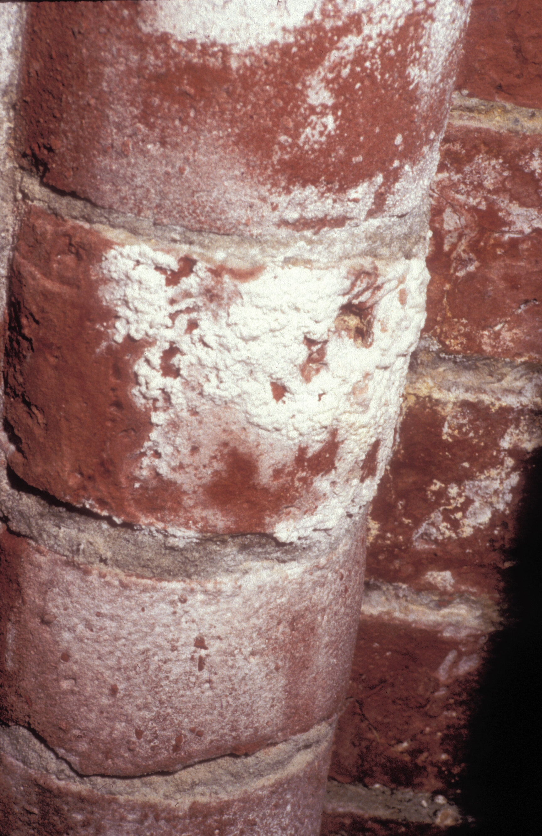 Abbildung 8: Salzkruste aus Karbonat-Salzen an einem Pfeiler aus Formsteinen. Ursache waren in diesem Fall Verpressungen mit Zementsuspension