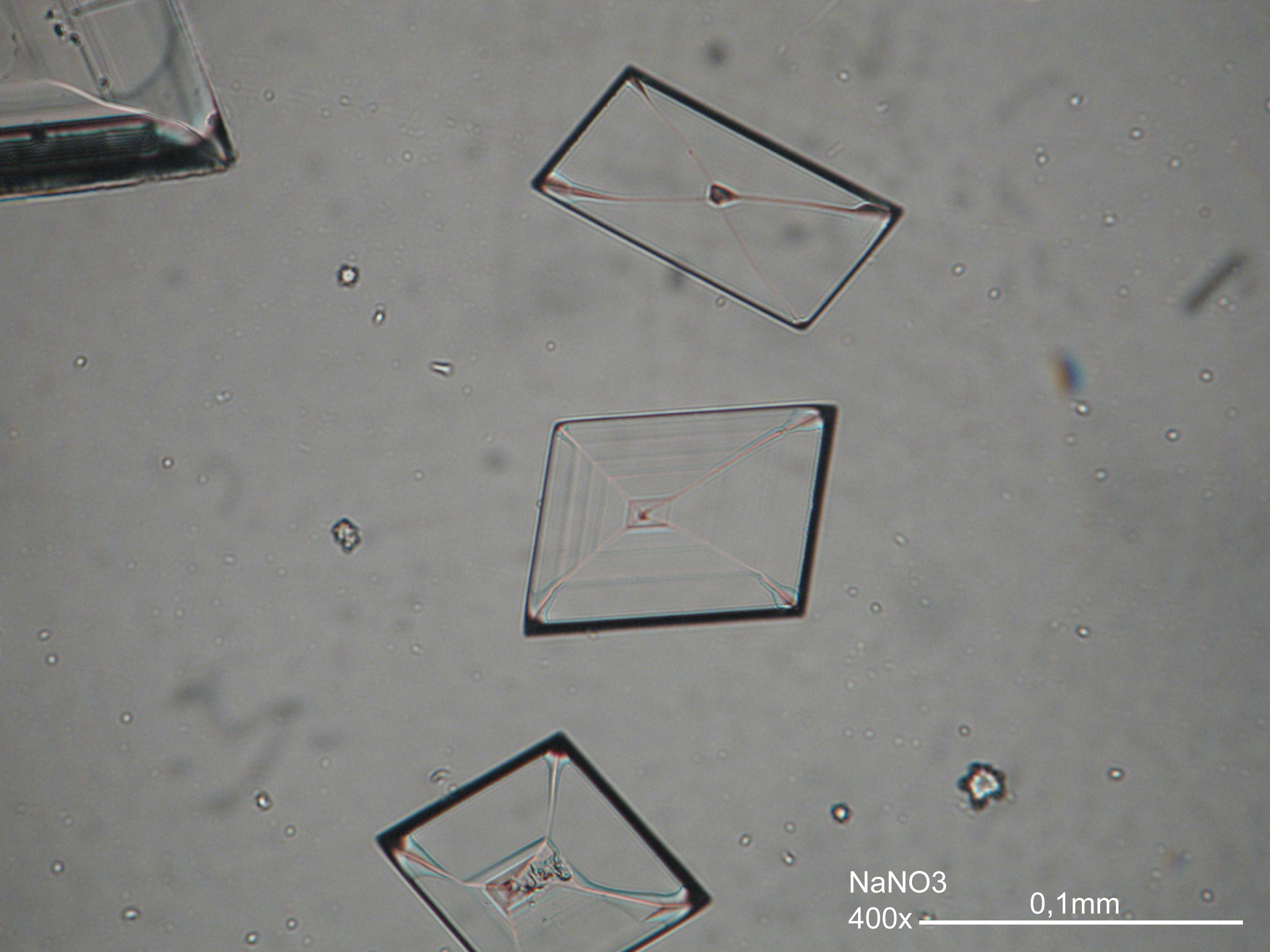 Nitratine, crystallized from aqueous solution on a glass slide
